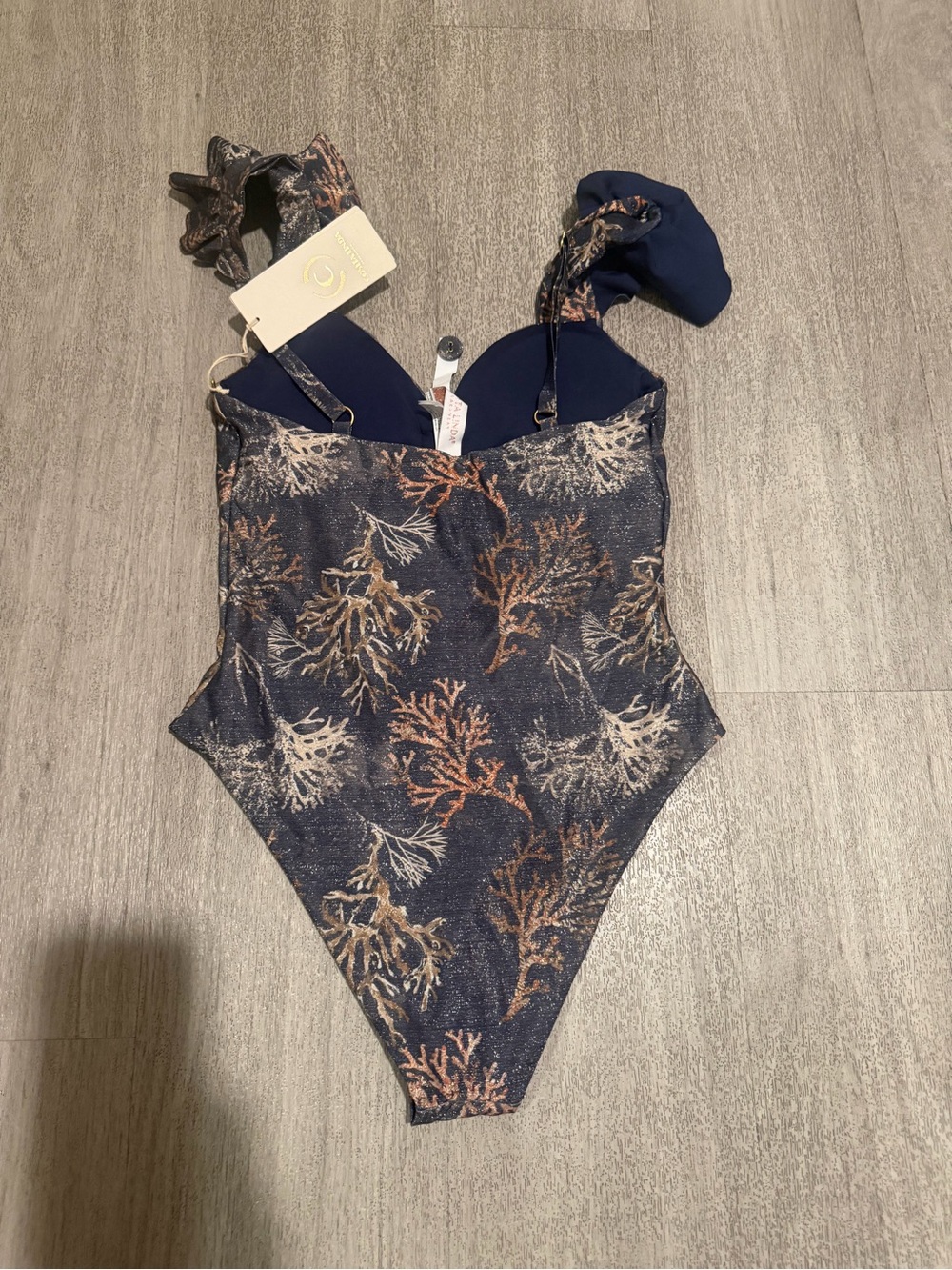 Ruffled Strap Coral-Print One-Piece Swimsuit - Navy - Picture 5 of 7